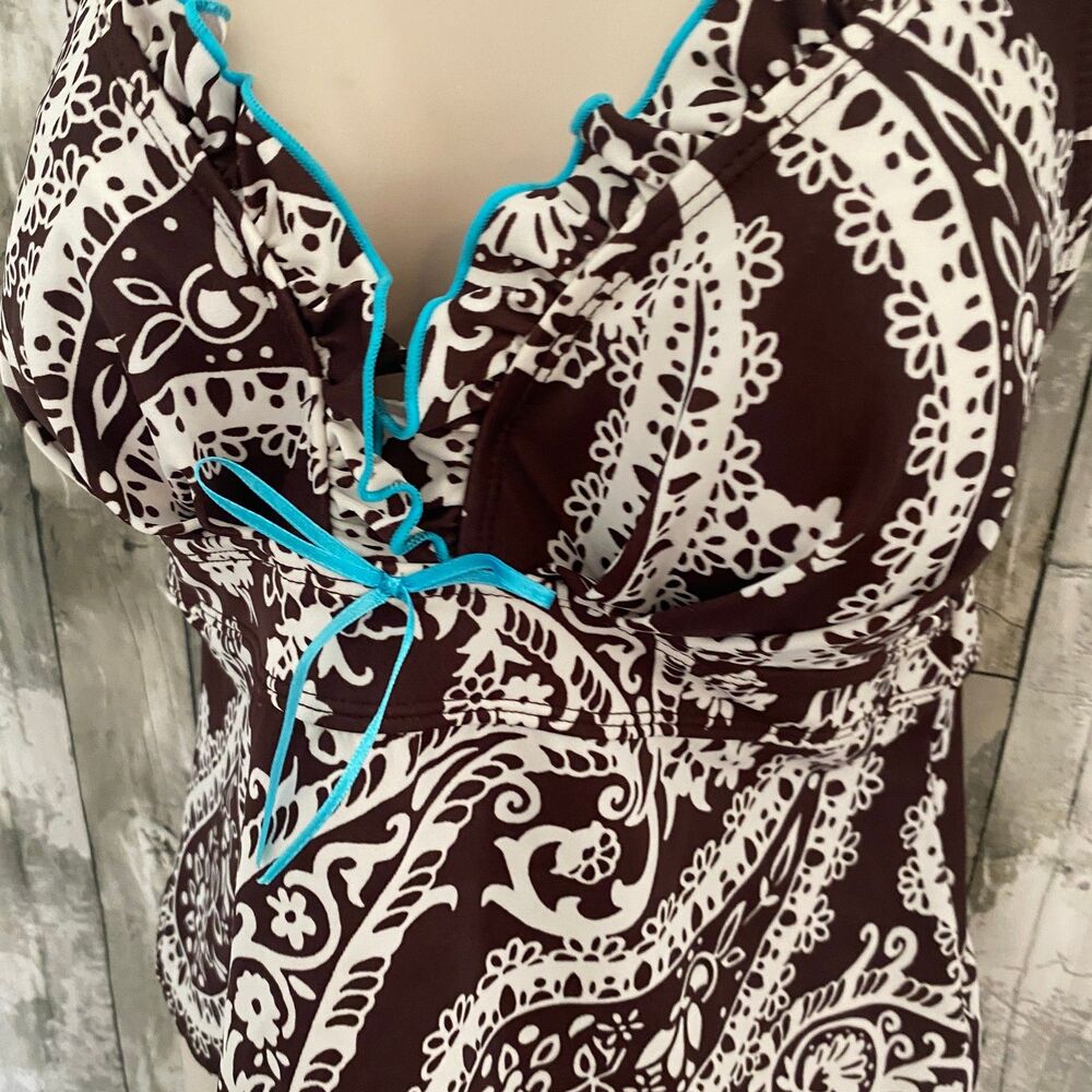 Kim Roger brown paisley print tankini top with blue trim L - Picture 2 of 7